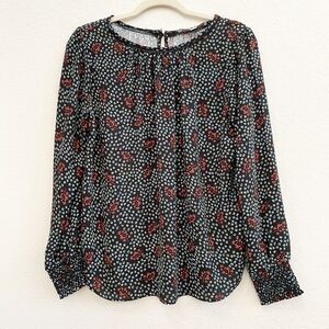 LOFT Black Red Blue Floral Long Sleeve Elastic Wrist Blouse Top Sz Medium Petite